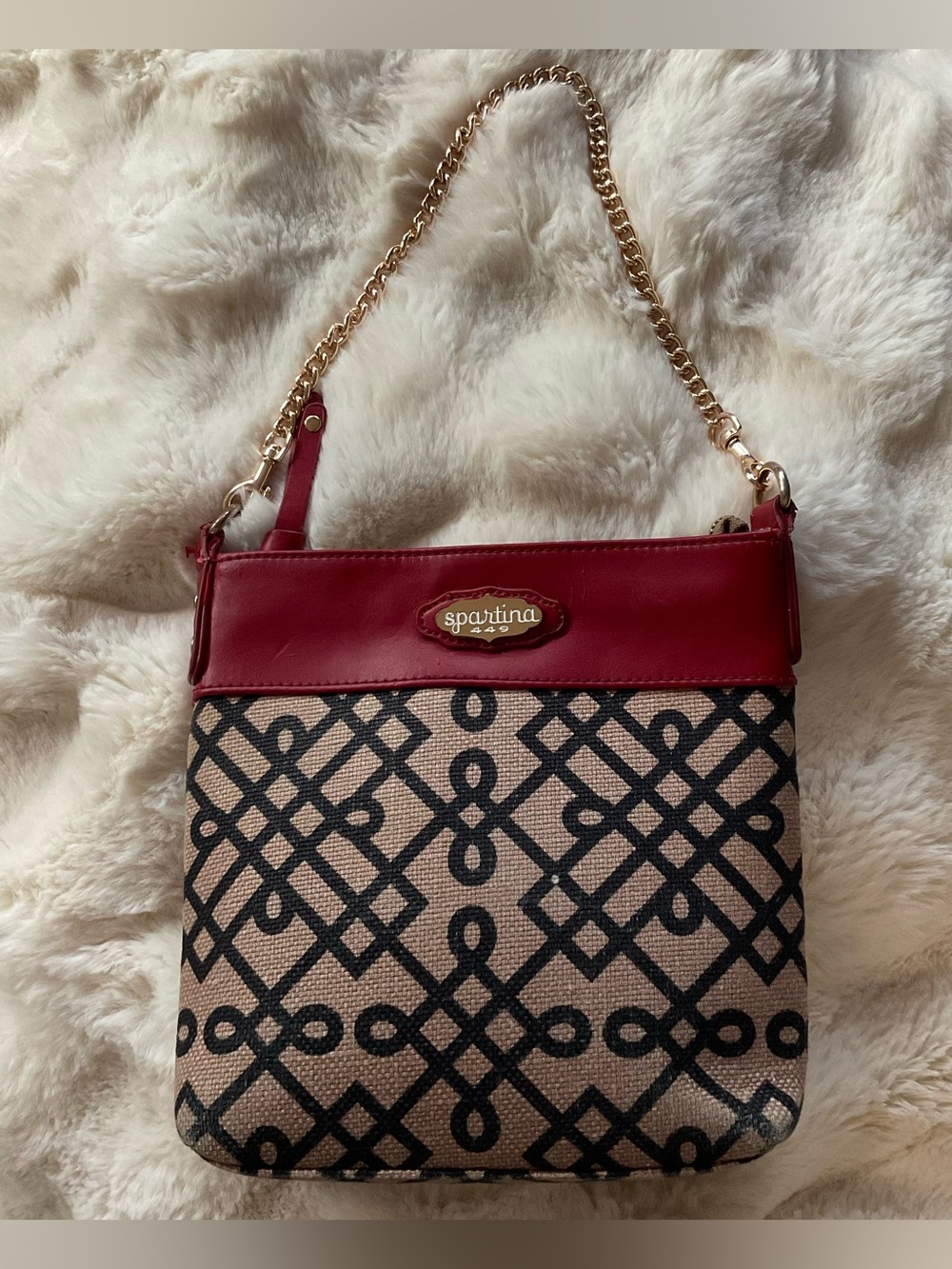 Spartina 449 Crossbody Bag, black & tan pattern w/red leather trim, 2 straps GUC